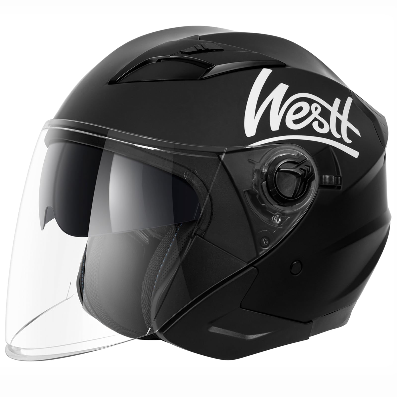 Westt Jethelm mit Visier und Sonnenblende Motorradhelm Herren Damen Rollerhelm Mopedhelm Mofa Chopper Helm Motorrad Halbhelm Open-Face-Helm Pilotenhelm ECE DOT Zertifiziert