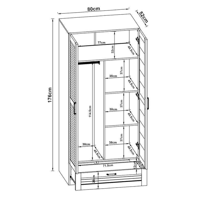 [en.casa] Kleiderschrank Finning 2-türig 176 x 80 x 52 cm MDF Garderobenschrank mit 1 Kleiderstange und 1 oberen Fach Walnuss