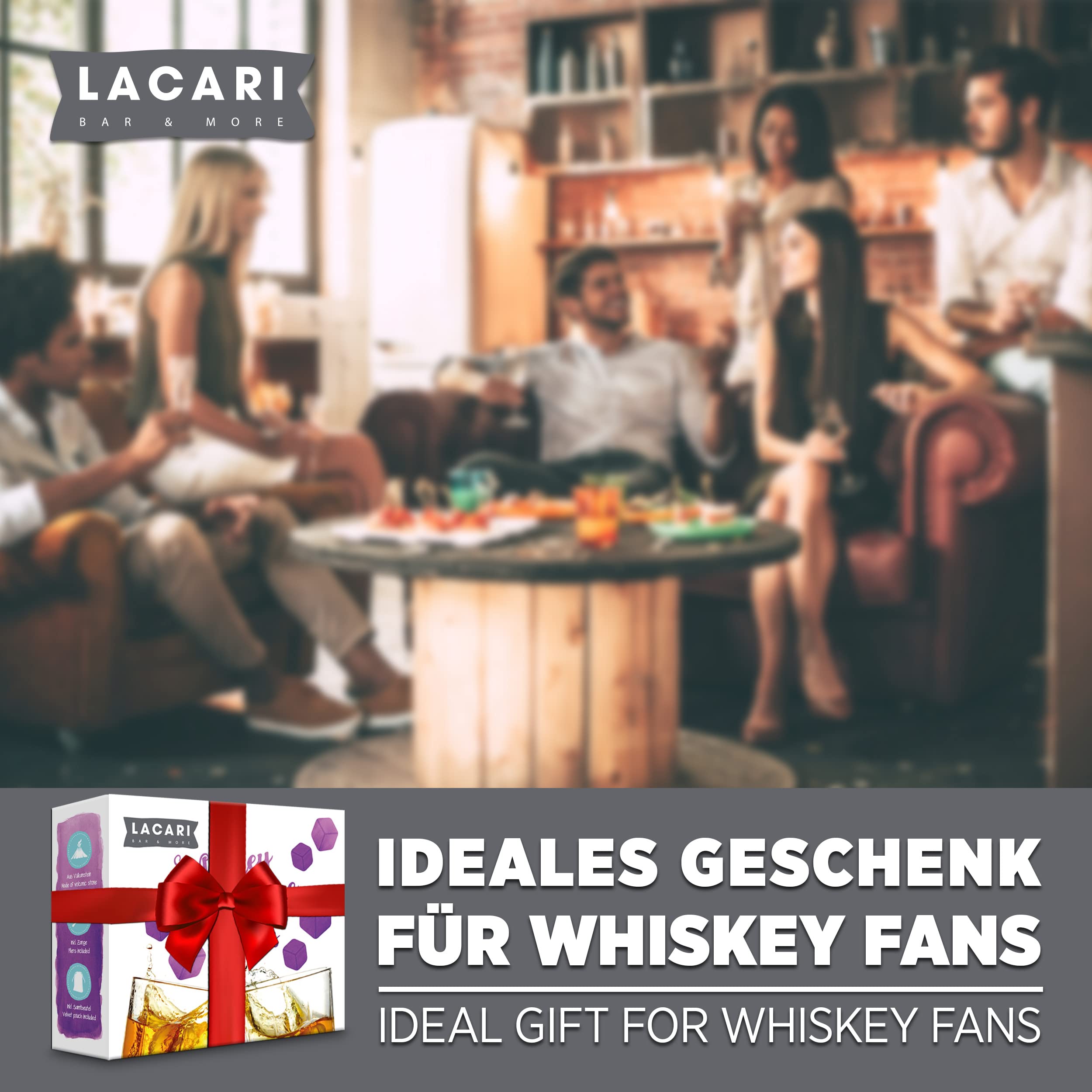 Whisky Steine | 9x Wiederverwendbare Eiswürfel | Lacari ORIGINAL Whiskey Steine | Whisky Geschenkset mit Holzbox, Zange & Stoffbeutel | Kein Verwässern für Whiskey, Rum, Gin | Geschenk Geburtstag