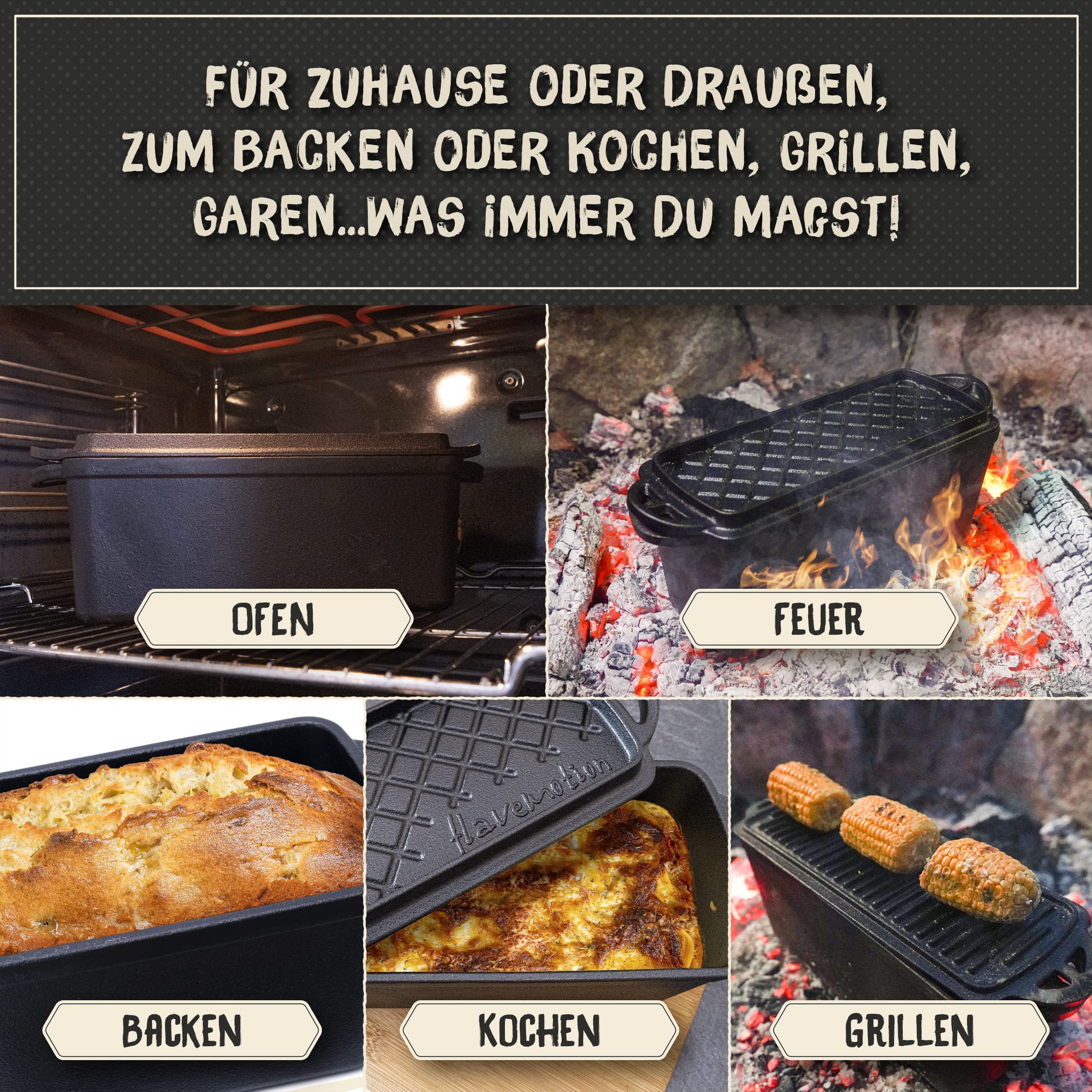 Flavemotion Brotbackform mit Deckel – 27 cm, rechteckig, Voreingebrannt – SuperCrispDeckel für perfekte Krusten beim Brot Backen auch Kastenform, Gusseisen Topf, Auflaufform, Bräter, Dutch Oven