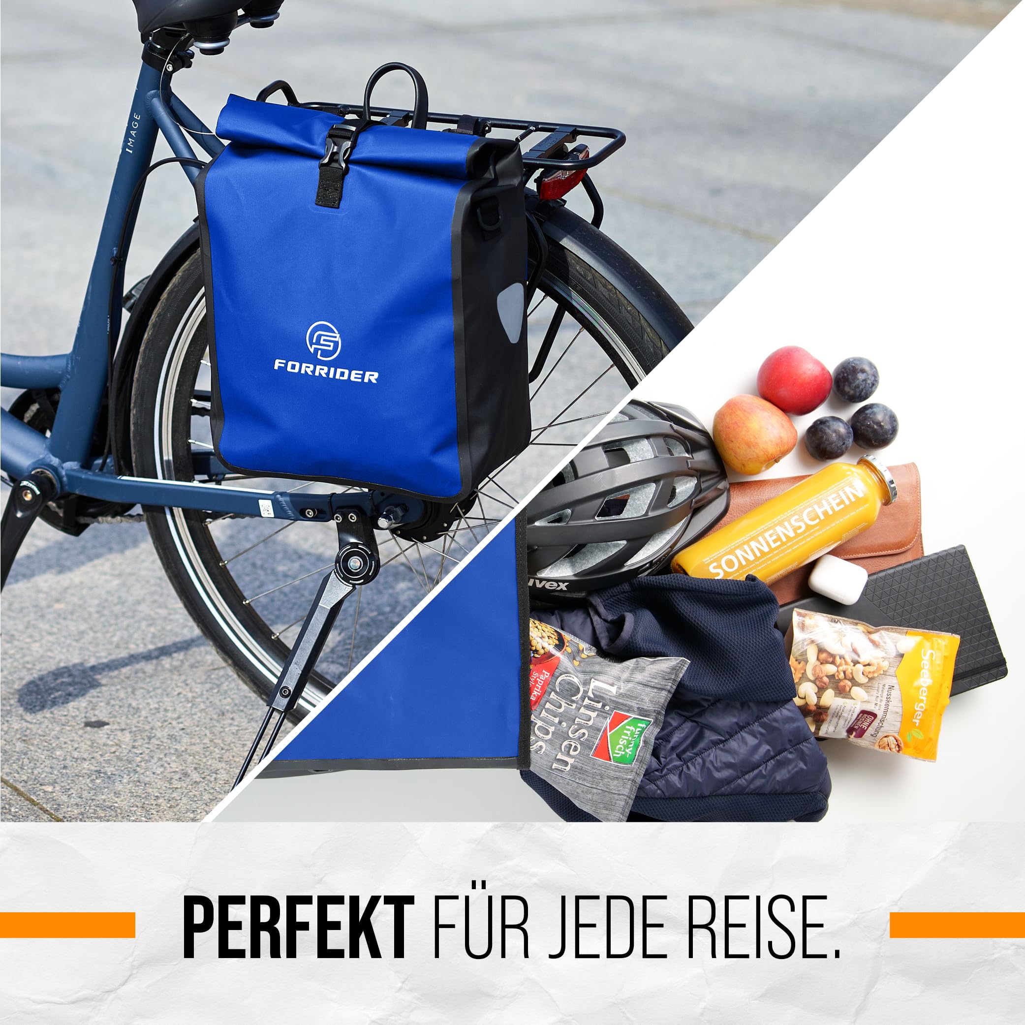 Forrider Fahrradtaschen Set Wasserdicht für Gepäckträger [2x22L Volumen] mit Schultergurt | Gepäckträgertasche | Einzel | Fahrrad Tasche Packtasche hält an jedem Gepäckträger