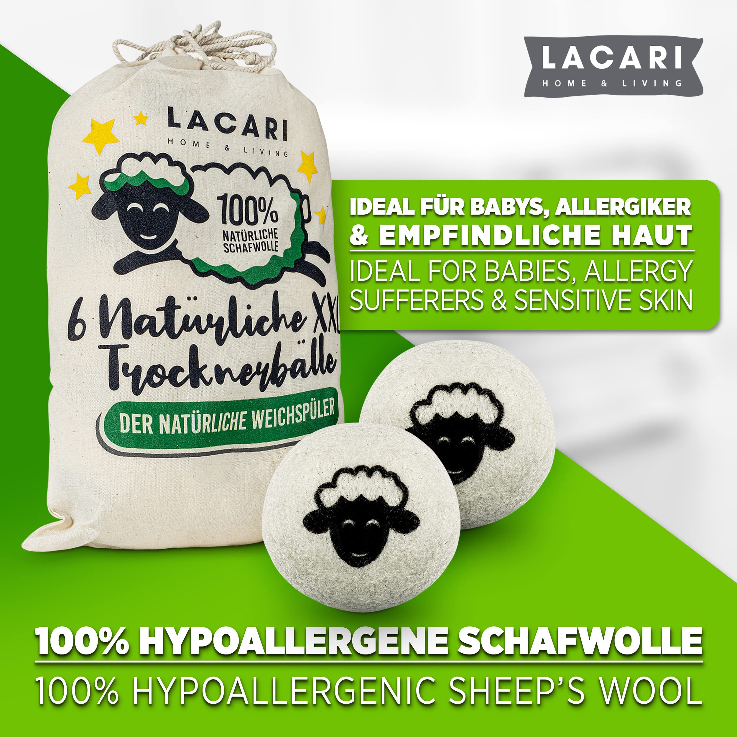 Trocknerbälle | 6X Trocknerbälle für Wäschetrockner | Lacari ORIGINAL Trocknerball aus hypoallergener Schafwolle | Dryer Balls für schnelles Trocknen | Trocknerbälle für Daunenjacken