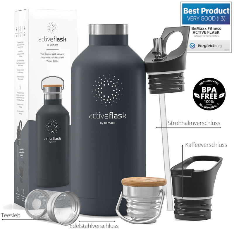 Trinkflasche Edelstahl mit Strohhalm, Infuser + 3 Deckel: BPA-frei, Auslaufsicher, Kohlensäure geeignet - Wasserflasche Fahrrad Thermosflasche Isoliert Isolierflasche Sport Wasser Flasche Kinder Tee