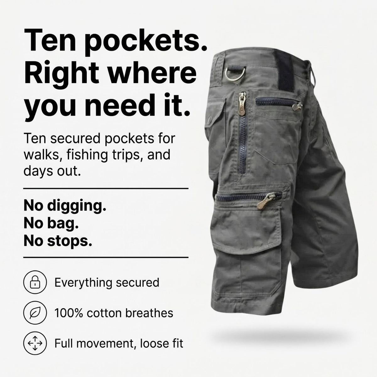 Herren Outdoor-Cargoshorts 10 Taschen – Baumwolle, zum Wandern und Angeln