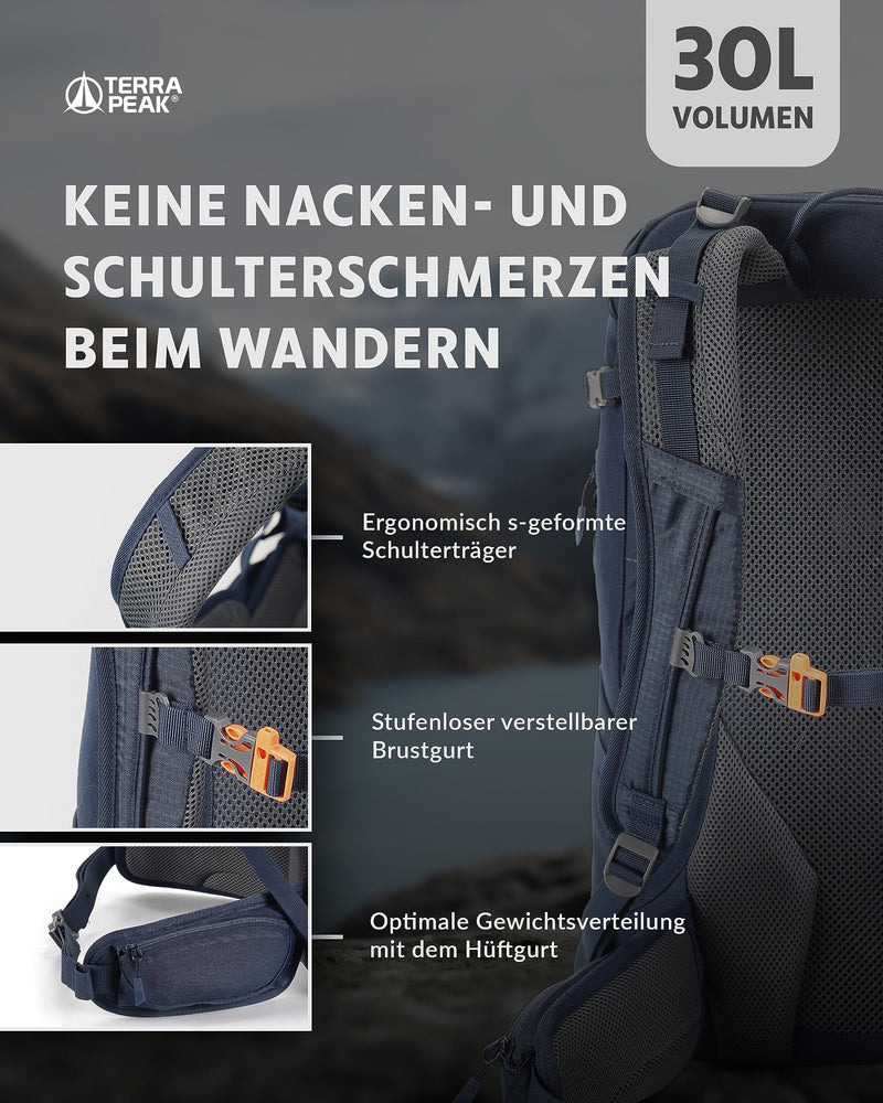 Terra Peak - Wanderrucksack Airant 30 Damen & Herren mit belüftetem Netzrücken blau mittelgross Rückenbelüftung, Trekkingrucksack zum Wandern und Camping mit Trinksystem unisex outdoor Backpack leicht