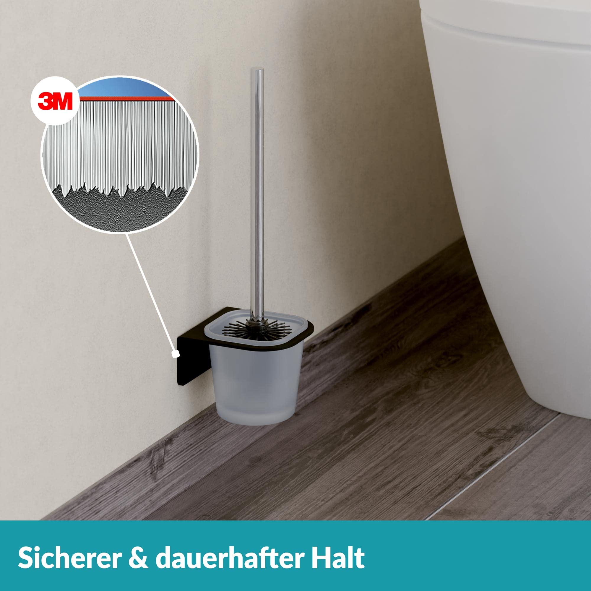 WEISSENSTEIN Toilettenbürstenhalter Set zur Wandmontage ohne Bohren - WC-Garnitur Set mit Bürste, Bürstenhalter aus Glas, schwarzer Edelstahl Halterung zum Kleben