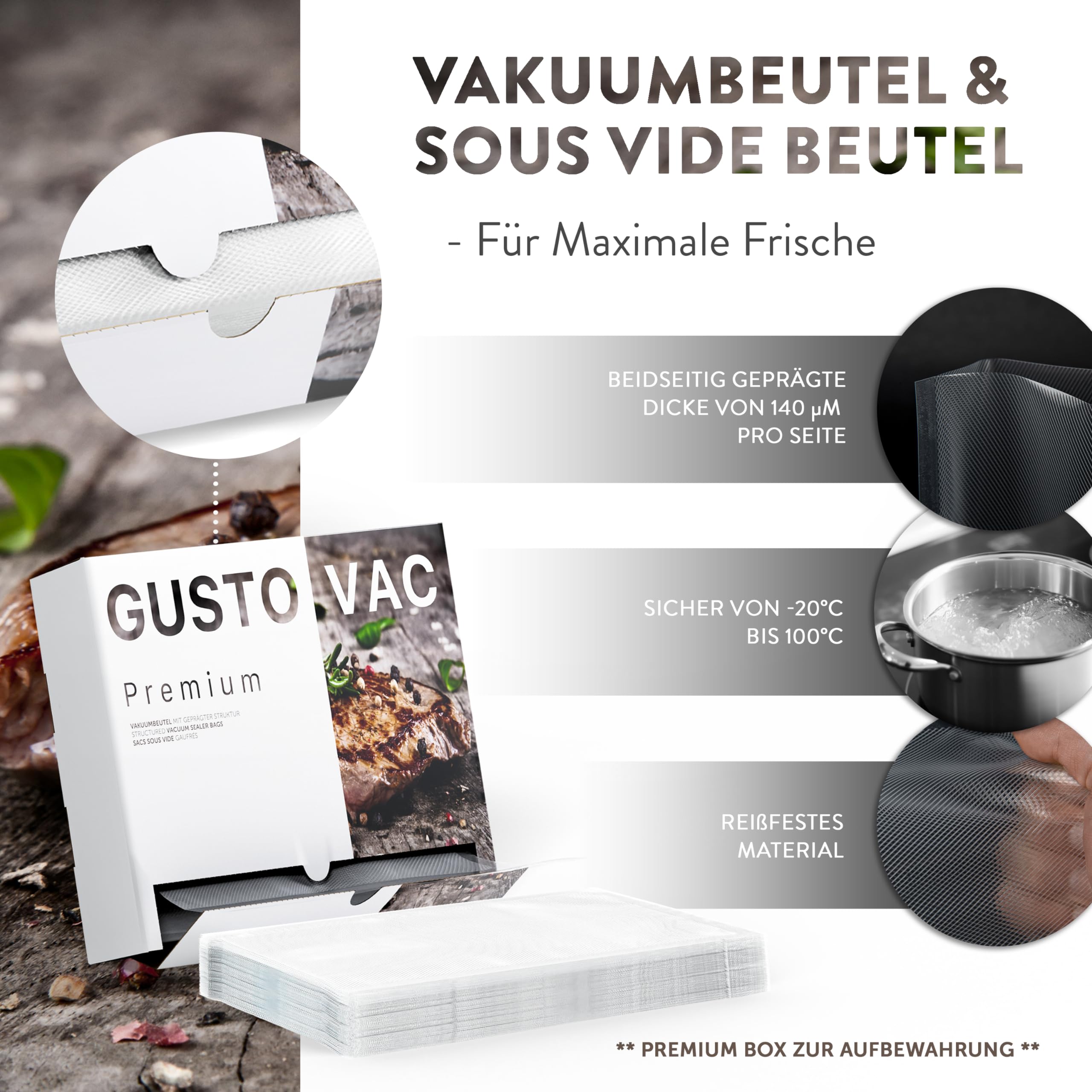 GustoVac Premium Vakuumbeutel, 100 Stk. 20x30cm Profi- Folienbeutel, Vakuumierbeutel für Vakuumierer, Kochfest & Sous Vide Gefrierbeutel, Lebensmittel Vakuumiergerät, Made in Germany, BPA-frei