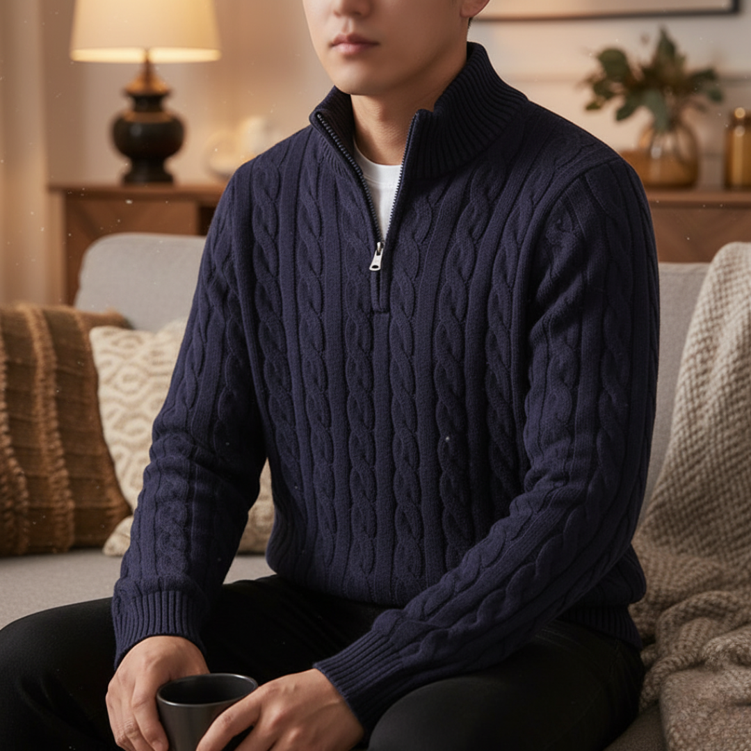 Pullover mit Zopfmuster & Stehkragen-Reißverschluss 100% Cotton – NordicClassic Knit