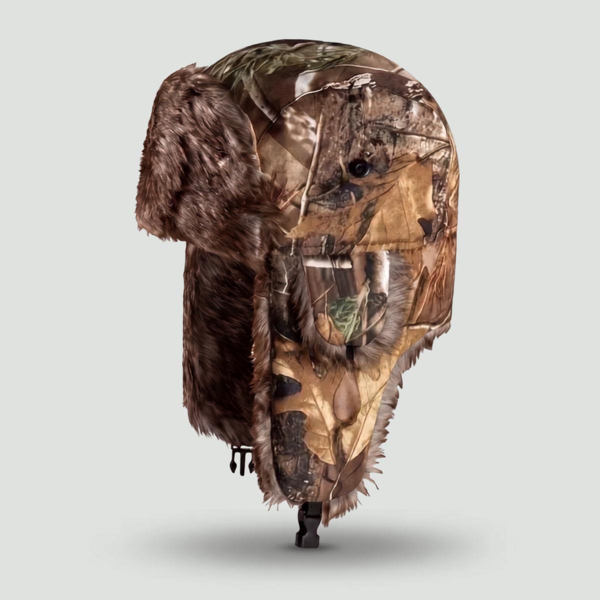 Camouflage Trapper-Mütze – Kunstpelz-gefüttert mit Ohrenklappen und Kinnriemen