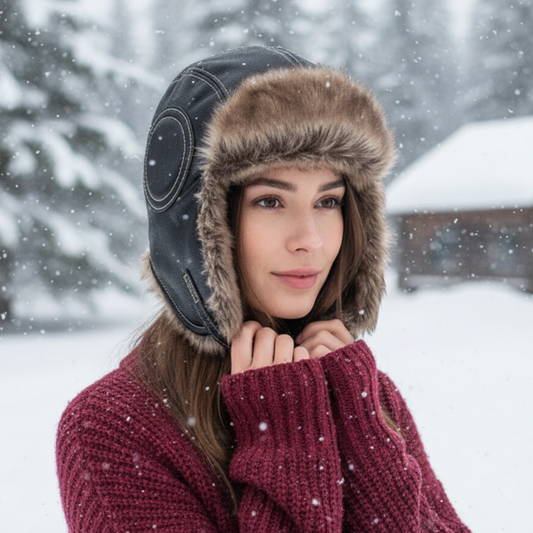 Mütze Damen aus Veganer Lederoptik mit Warmem Kunstfell & Ohrenklappen – FrostGuard Trapper Hat