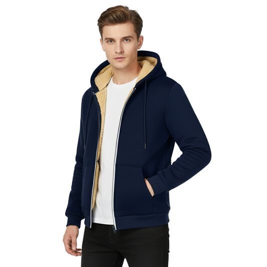 Herren Fleecejacke mit Sherpa-Futter – Dicke Thermo-Winterjacke mit Reißverschluss und Kapuze