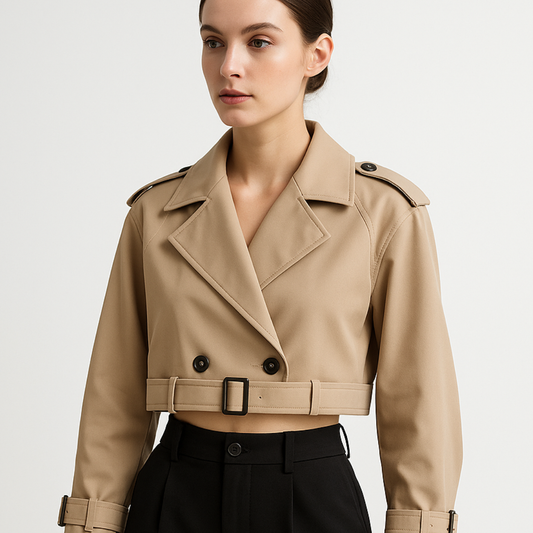 Damen Cropped Trenchcoat – Kurz geschnittener, doppelreihiger Mantel mit Gürtel
