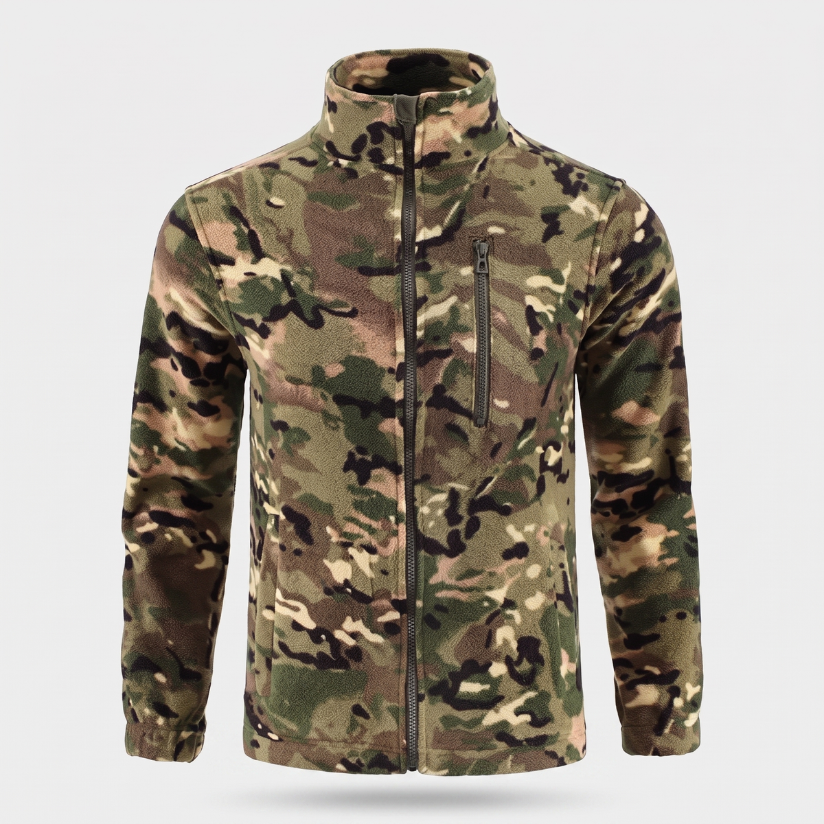 Herren Camo-Fleecejacke – durchgehender Reißverschluss, Stehkragen