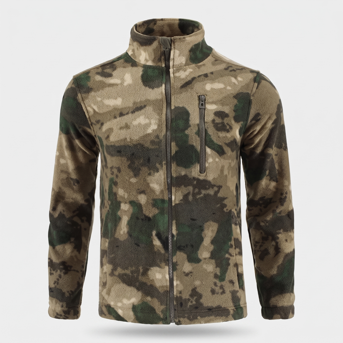 Herren Camo-Fleecejacke – durchgehender Reißverschluss, Stehkragen