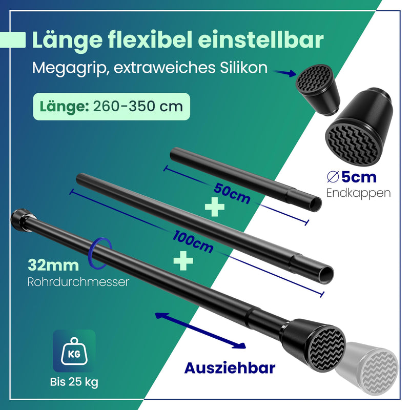 LOBUX® - Gardinenstange ohne bohren [schwarz, 260-350cm] – Teleskopstange Vorhang ausziehbar – Duschstange ohne bohren – Vorhangstange, Duschvorhangstange, Kleiderstange, Klemmstange Katzennetz