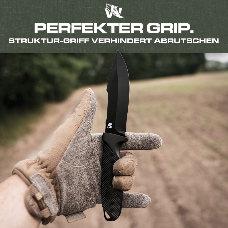 Wolfgangs W1 Outdoor Messer feststehende Klinge - Inkl. Scheide - Ideales Jagdmesser aus einem Stück 440C Stahl gefertigt - Premium Survival Messer - Perfektes Bushcraft Messer Outdoor (Schwarz)