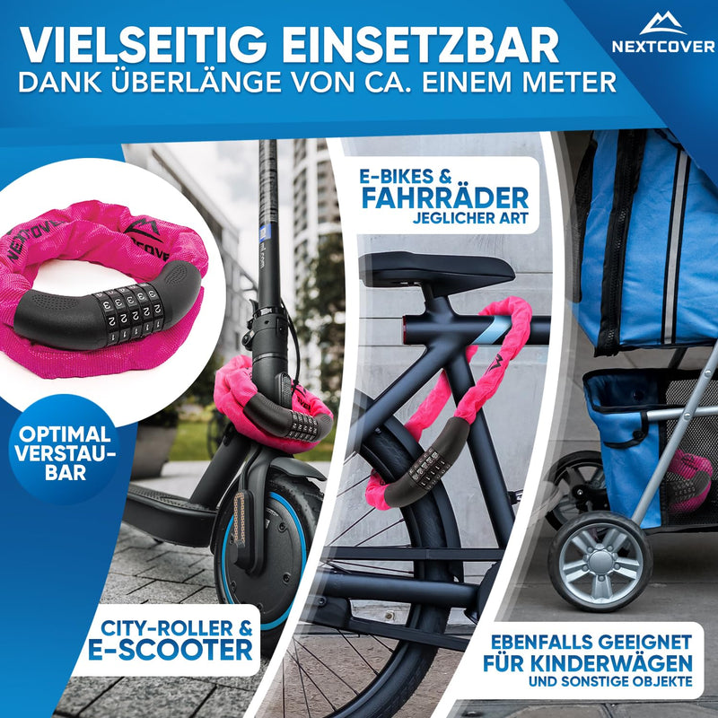 NEXTCOVER® NEU Fahrradschloss mit Zahlencode [SAFESECURE] für hohe Sicherheit I Schloss mit 5- stelligem Zahlencode I Zahlenschloss Fahrrad Stahl I Bike Lock perfekt für E-Bike I Kettenschloss (Pink)