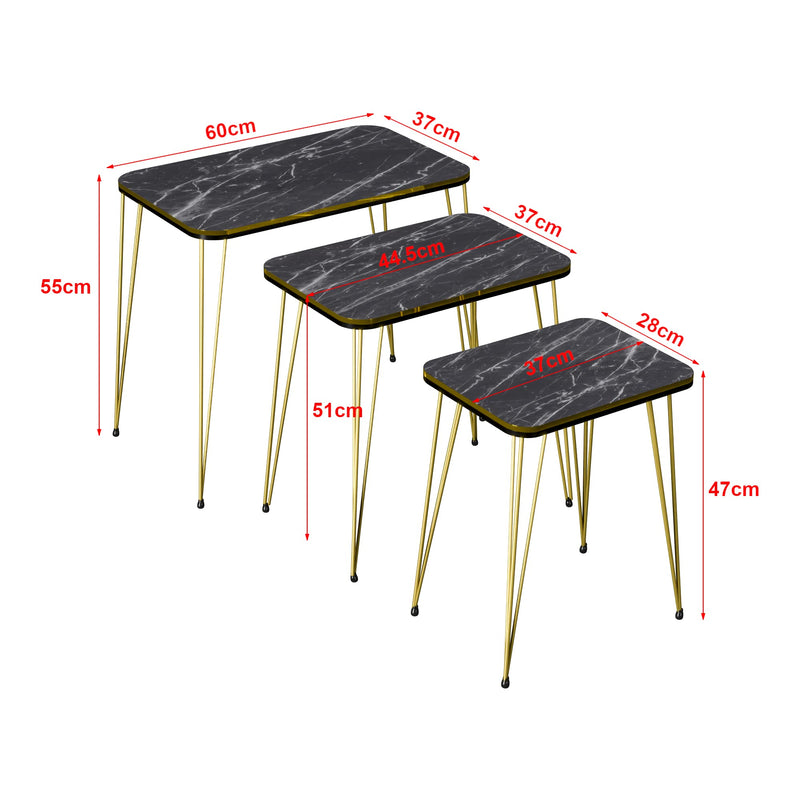 [en.casa] Beistelltisch-Set Rudkøbing Satztisch 3er Set Schwarze Marmor-Optik Wohnzimmertisch mit eckiger Tischplatte Hairpinlegs Metall Goldfarben Sofatisch