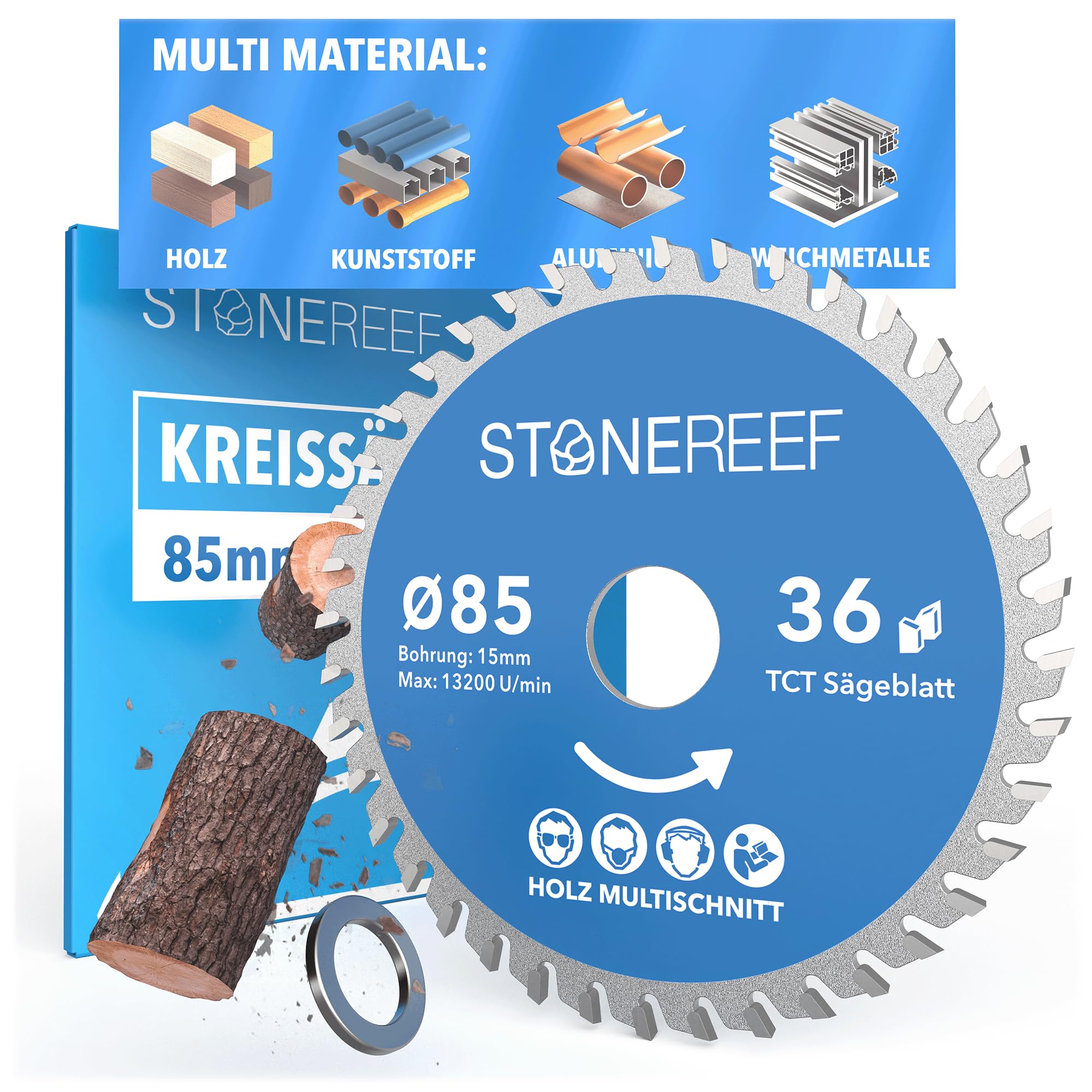 STONE REEF Sägeblatt 85x15 - Kreissägeblatt [inkl. Adapter auf Bohrung 10mm], kompatibel mit Winkelschleifer von Bosch, Makita usw. - Sägeblatt Kreissäge Nagelfest, ideal für Holz, Metall & Alu