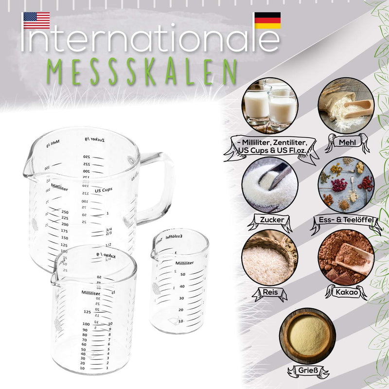 TreeBox Messbecher glas - Messbecher klein -3er Set (250ml, 125ml & 50ml) - Robuste und hitzebeständige Messbecher Set aus Borosilikatglas - Mikrowellengeeignet -Perfekt zum Backen und Mischen