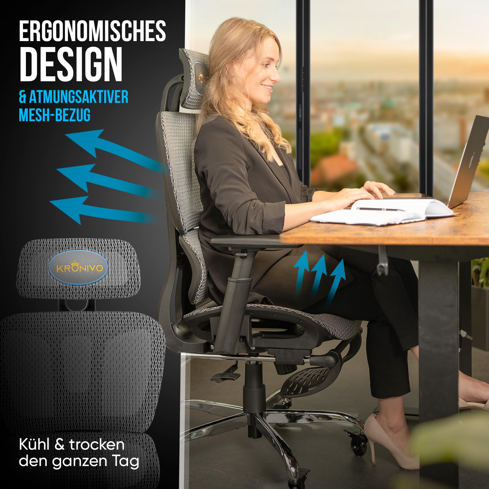 KRONIVO Bürostuhl Ergonomisch, Schreibtischstuhl mit Fußstütze | Office Chair Ergonomic mit Kopfstütze Armlehnen Lendenwirbelstütze | Schreibtisch Stuhl mit Rollen rückenschonend bis 200kg