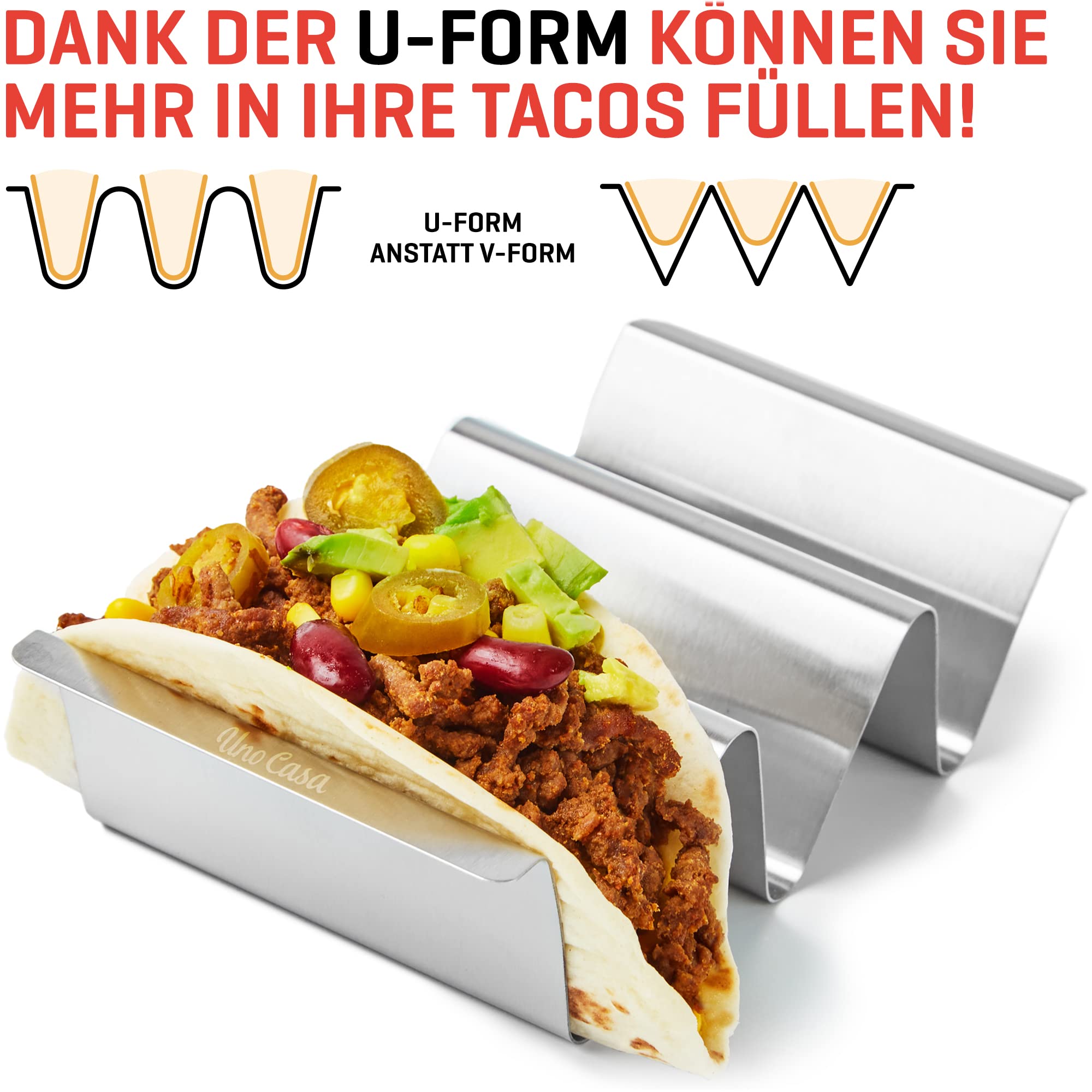 Uno Casa Taco-Halter 6er-Set - Taco-Halter aus Metall für Taco-Schalen, robuster Taco-Ständer für Taco-Dienstag oder als Taco-Schalenform - U-förmiges Taco-Rack und Rezeptbuch