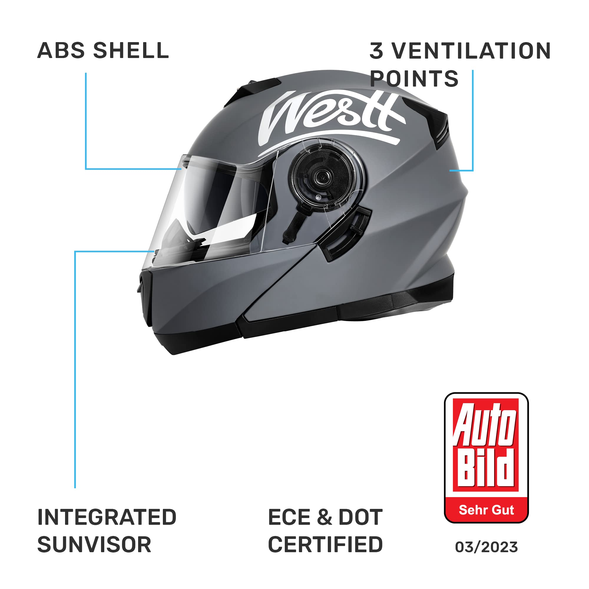 Westt Klapphelm Flip up Motorradhelm Integralhelm Herren Damen mit verstärktem Kinnschutz Chopper Moped Mofa Roller Modular Helm Motorrad mit ECE DOT Zertifizierung, grau, XL (59-60 cm)