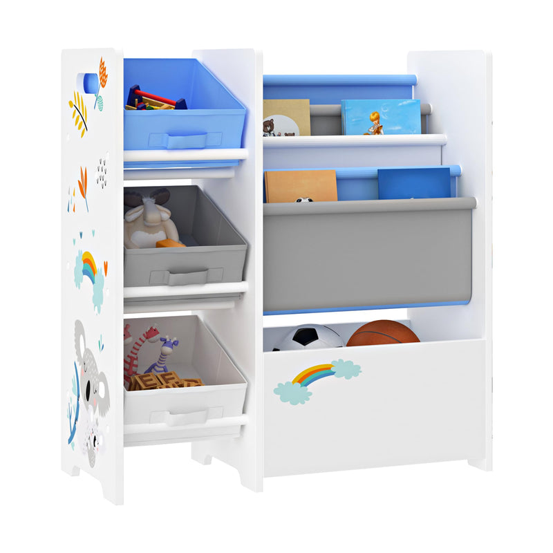 [en.casa] Kinderregal Vimianzo Bücherregal mit 4 Ablagefächern Bücherkiste 3 Faltboxen Spielzeugregal Koala-Motiv Weiß Grau Blau Kinderzimmer Organizer Staufach