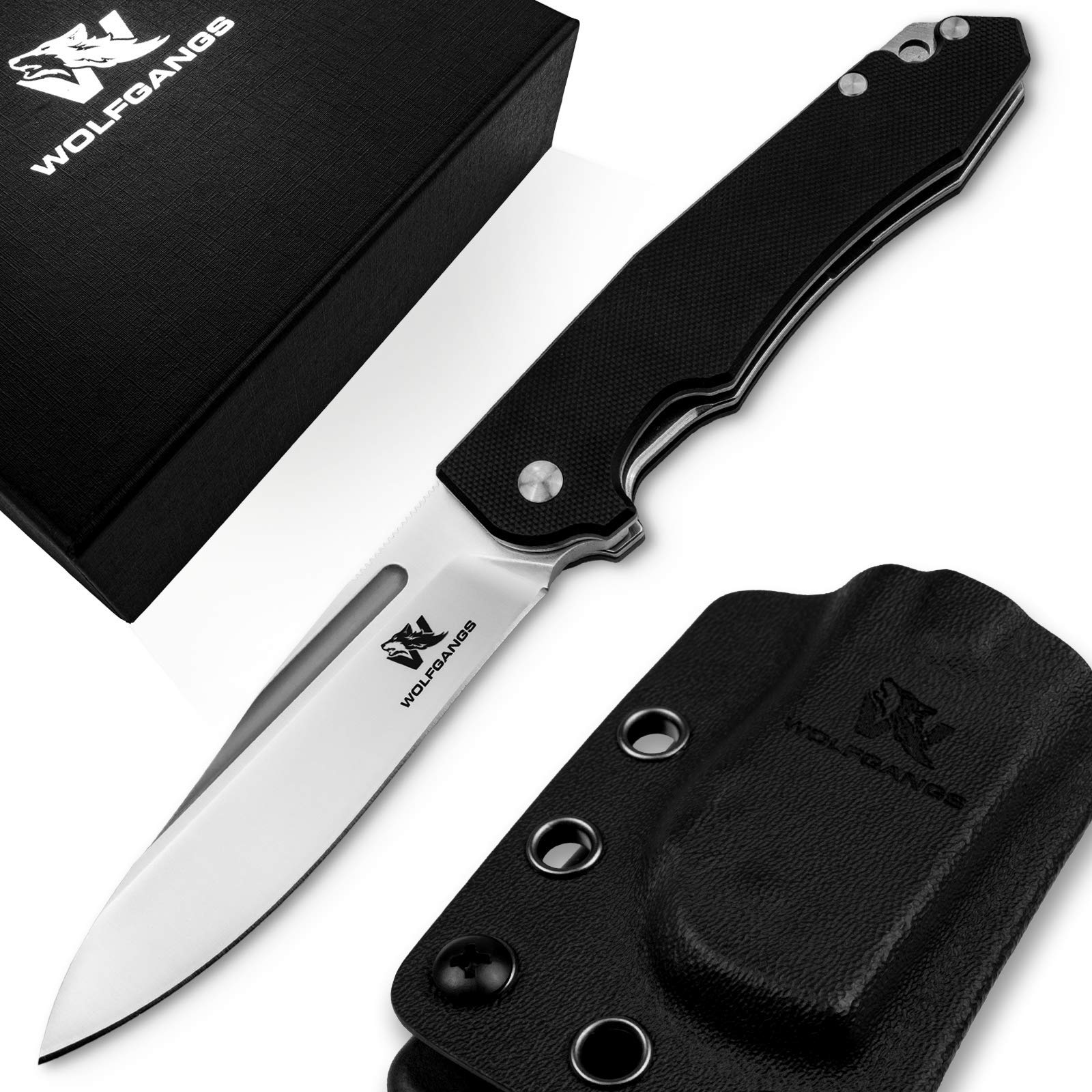 Wolfgangs Corvus Zweihandmesser Klappmesser aus feinstem D2 Stahl - Legales Taschenmesser Klappmesser - Rebustes Outdoor Messer Survival - Klappmesser Outdoor inkl. Kydex Holster (Silber)