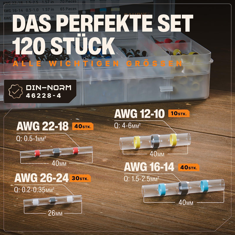 BAURIX® Lötverbinder Set [120 Stück] I IP67 Schrumpfverbinder für wasserdichte Kabel-Verbindungen I Kabelverbinder Set, Stoßverbinder