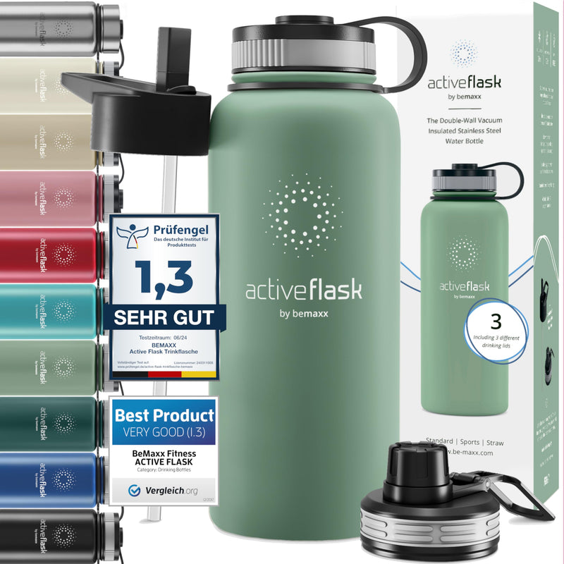 Trinkflasche Edelstahl ACTIVE FLASK + Strohhalm (3 Deckel) BPA-frei, Auslaufsicher, Kohlensäure geeignet - Wasserflasche Fahrrad Thermosflasche Isoliert Isolierflasche Sport Wasser Flasche Kinder Tee