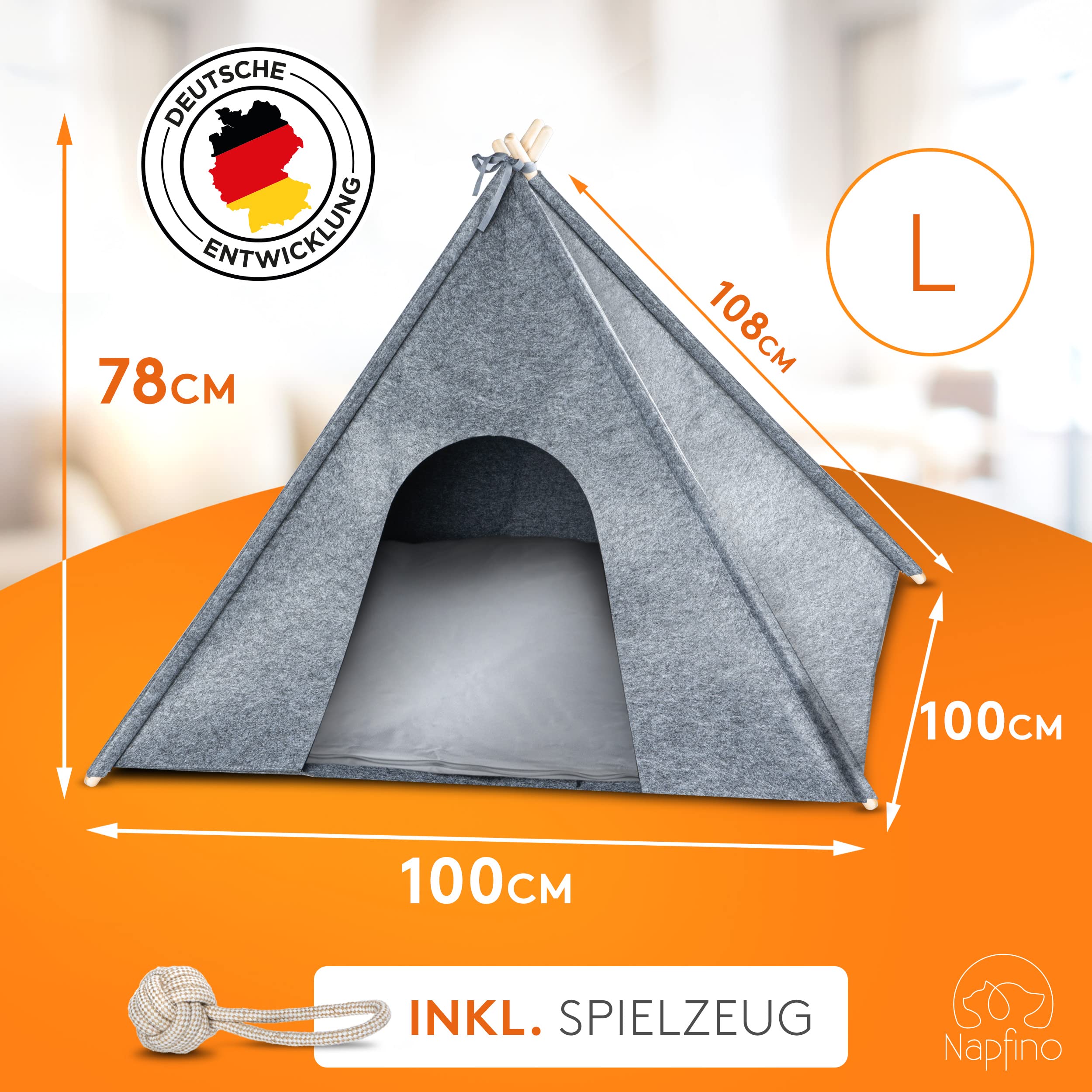 NAPFINO - Gemütliche Hundehöhle & Katzenhöhle - Angenehme Hundehütte Indoor aus Filz - Hundezelt mit weichem Kissen & Anti Milben Bezug - Für Balkon, Garten & Wohnzimmer - Inkl. Spielzeug (Größe L)