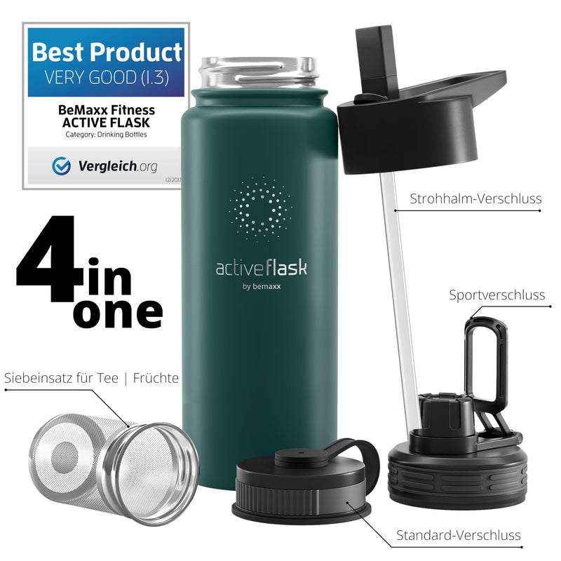 Trinkflasche Edelstahl ACTIVE FLASK + Strohhalm (3 Deckel) BPA-frei, Auslaufsicher, Kohlensäure geeignet - Wasserflasche Fahrrad Thermosflasche Isoliert Isolierflasche Sport Wasser Flasche Kinder Tee