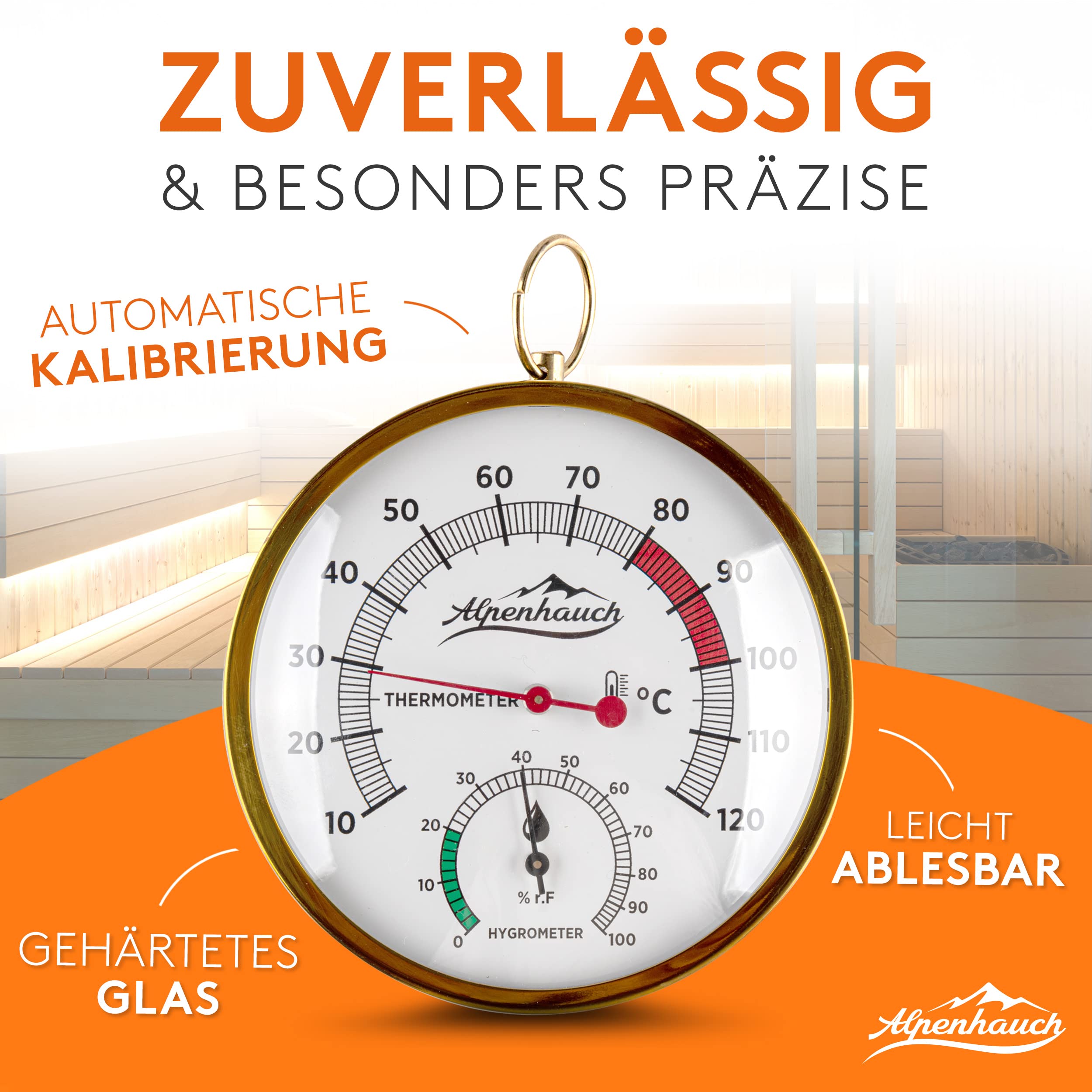 ALPENHAUCH Sauna Thermometer Hygrometer Holz [2in1 Funktion] - Besonders präzises Saunathermometer mit gehärtetem Glas - Automatische Kalibrierung - Edles Sauna Zubehör - Hygrometer Thermometer Sauna