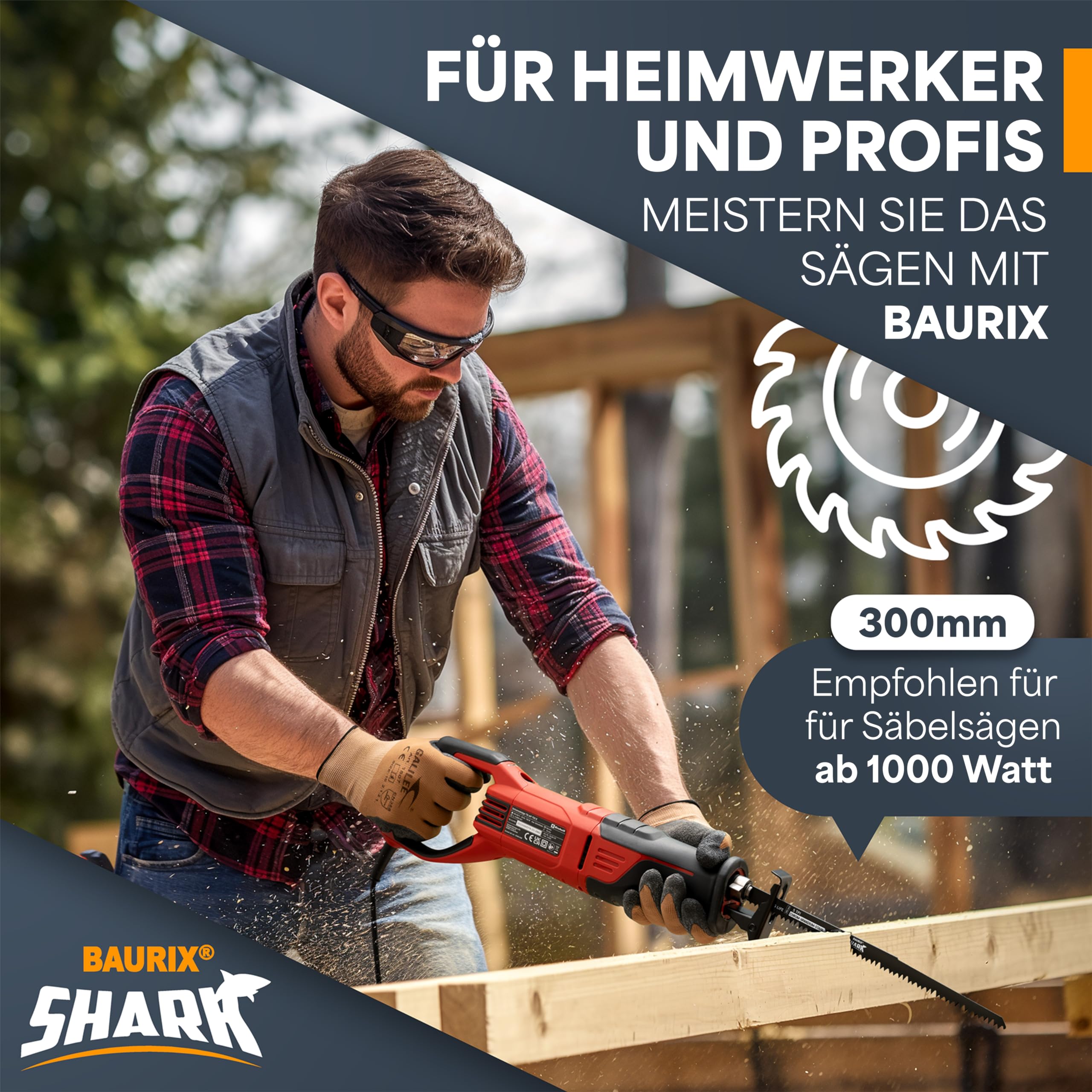 BAURIX® Säbelsägeblätter Holz I SHARK® [5 Stück] I 300 mm, 5 TPI I Sägeblatt Säbelsäge für schnelle und saubere Schnitte I Säbelsägeblatt für Grobholz, Nassholz, Brennholz, lebendes Holz