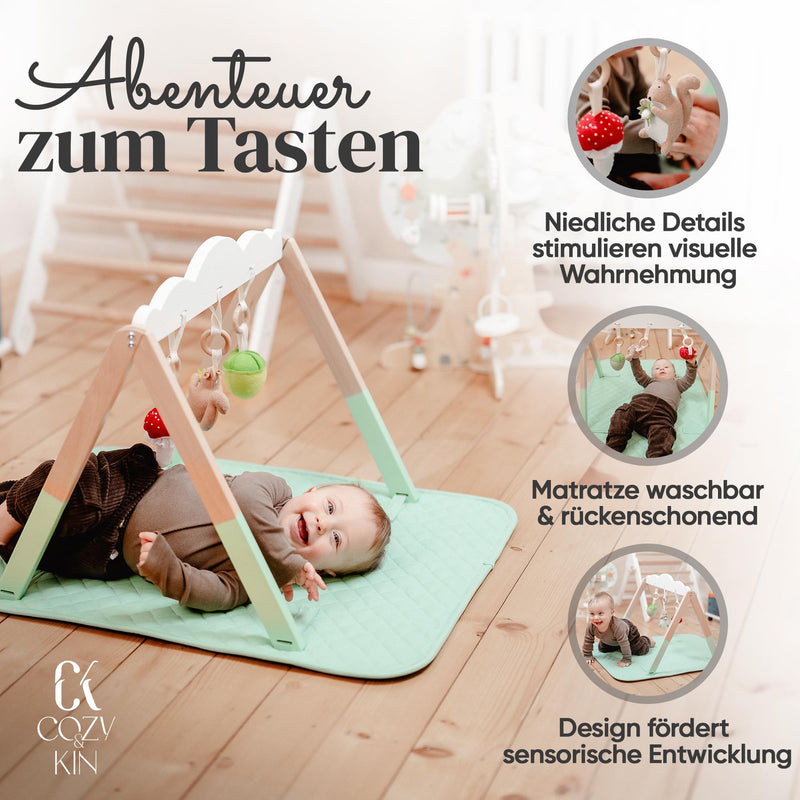 Cozy & Kin® Spielbogen Baby Holz mit Spielmatte & Spielzeug für die sensorische Entwicklung - 2in1 Spielebogen ohne Umkippen | Krabbeldecke für Bauchlage, Rückenlage | Stabil & Standfest