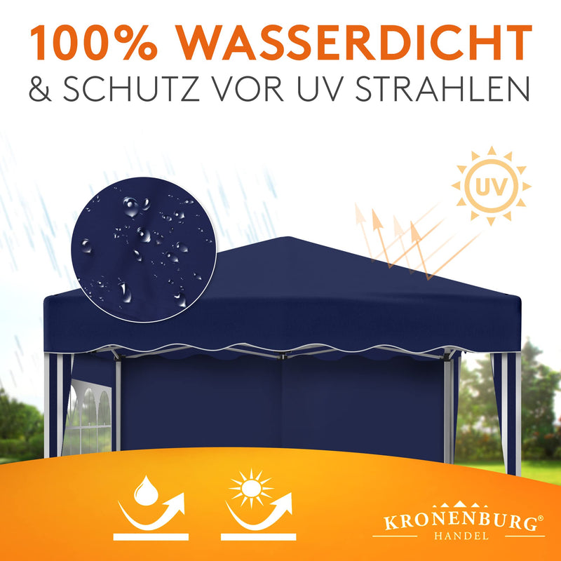 Kronenburg Faltpavillon wasserdicht Dachmaß 3 x 3 m UV Schutz 50+ Pavillon in Blau mit 2 Seitenteilen