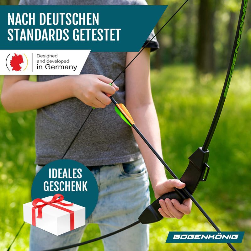 Bogenkönig Sicheres & Spaß Kinder Pfeil und Bogen Set - 6,8kg Zugkraft - Outdoor Abenteuer mit Kinderbogen Set mit Zielscheibe für Saugnapf und Pfeil mit Spitze - Kinder Bogenschießen Set ab 6 Jahre