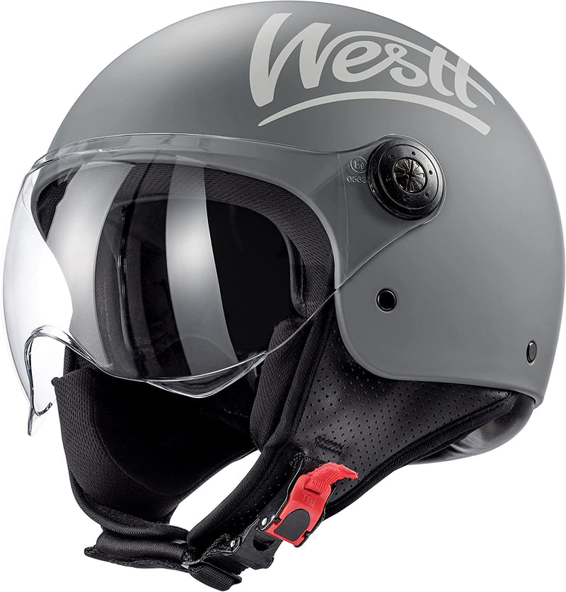 Westt Classic Jethelm mit Visier Motorradhelm Herren Damen Roller Chopper Helm Mopedhelm Retro Mofa Helm Motorrad Pilotenhelm Halbschalenhelm mit ECE DOT Zulassung, matt grau, S (53-54 cm)