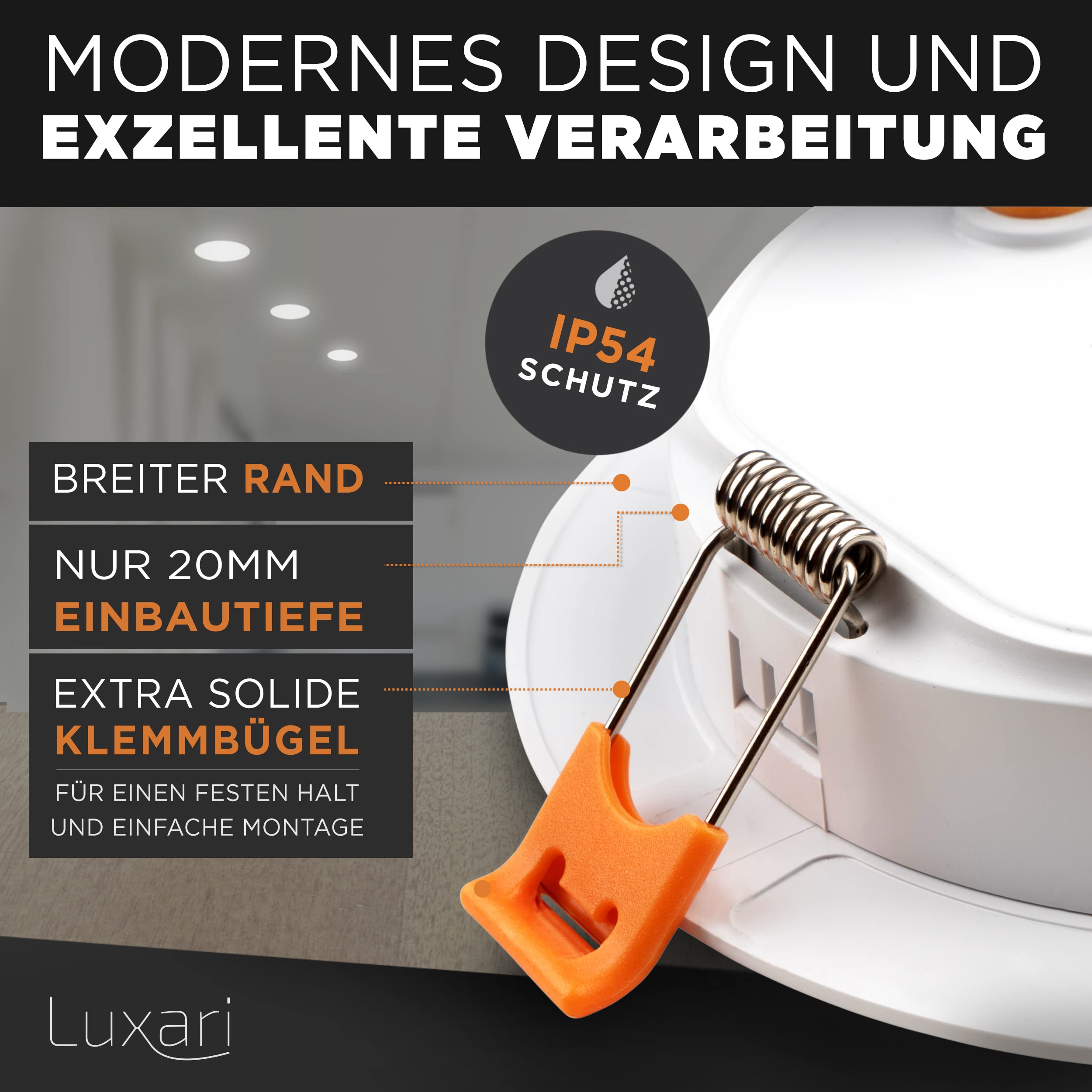 Luxari LED Einbaustrahler 230V flach − Strahlende LED Einbauleuchten [6er Set 8W] − Bad LED Spot [3000K warmweiß] − Deckenstrahler − IP54