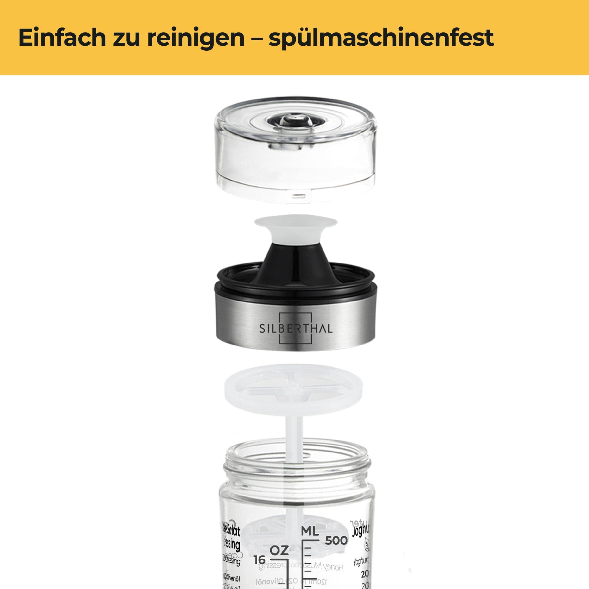 SILBERTHAL Dressingshaker aus Glas mit Rezepten – 500 ml – Spülmaschinenfest - Neuer Deckel & Neue Rezepte