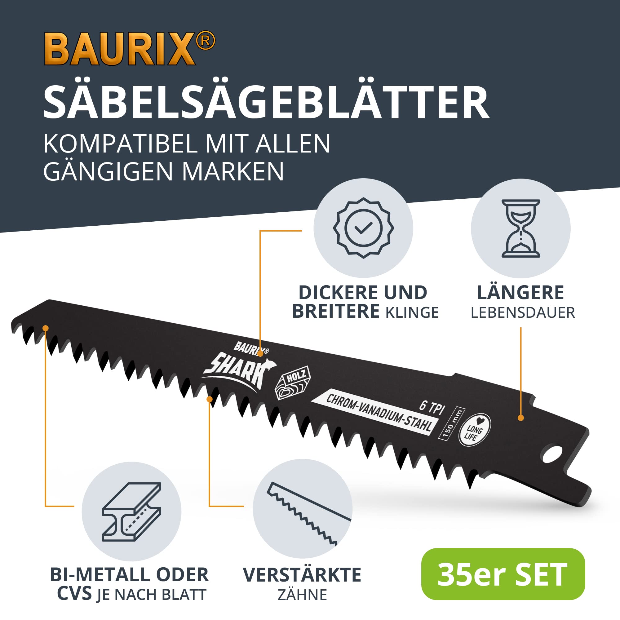 BAURIX® Säbelsägeblätter SHARK® [35 Stück] I Sägeblatt Säbelsäge für schnelle und saubere Schnitte I Säbelsägeblatt Set mit Tasche I Säbelsägeblätter für Holz, Frischholz und Metall