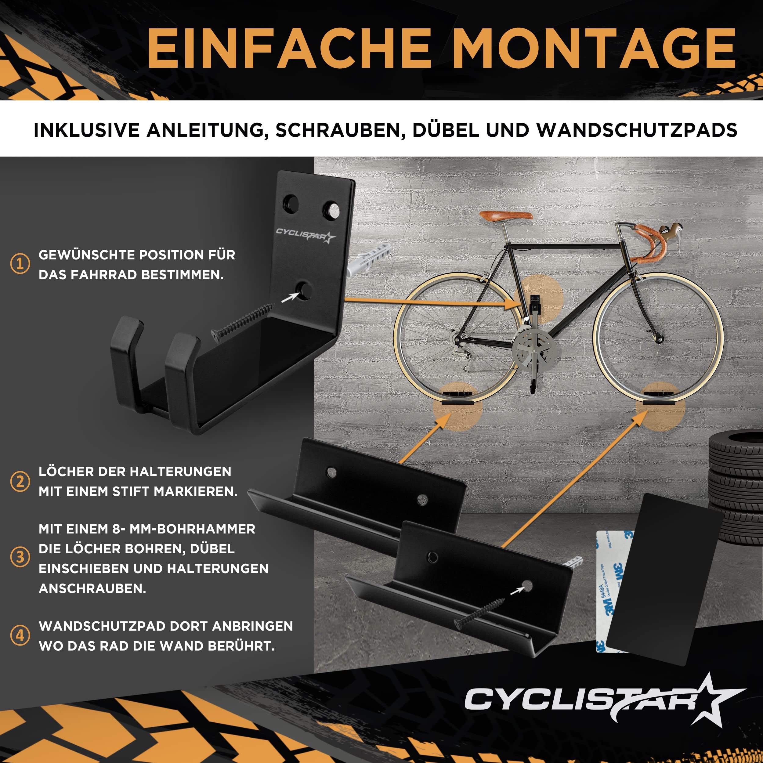 CYCLISTAR Fahrrad Wandhalterung bis 40kg − Robuste Fahrradhalterung Wand für MTB, Rennrad, E-Bike − Fahrradhalter Wand Pedalaufhängung +2x Stützwinkel