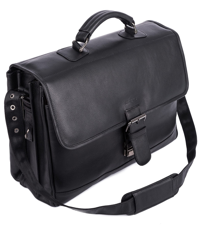 LEABAGS Orlando Leder-Umhängetasche I Laptoptasche 15,4 Zoll I Messenger Bag aus echtem Büffel-Leder I Aktentasche I Vintage Ledertasche I Bürotasche I Arbeitstasche I 42x38x13cm I Onyx Black