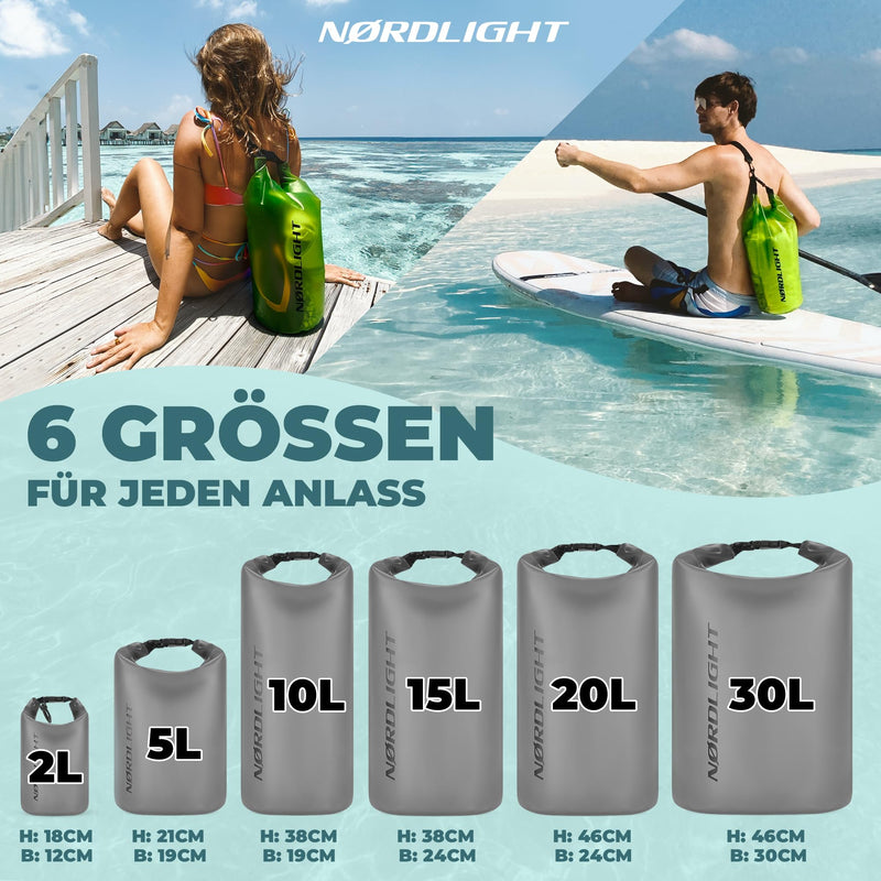 Nordlight Dry Bag 5L Wasserdichter Beutel - (Grau) Wasserdichter Packsack Mit Roll Top Verschluss Und Schultergurt | Schwimmen, Baden, Strand, Kanu, Stand Up Paddling, Tauchen