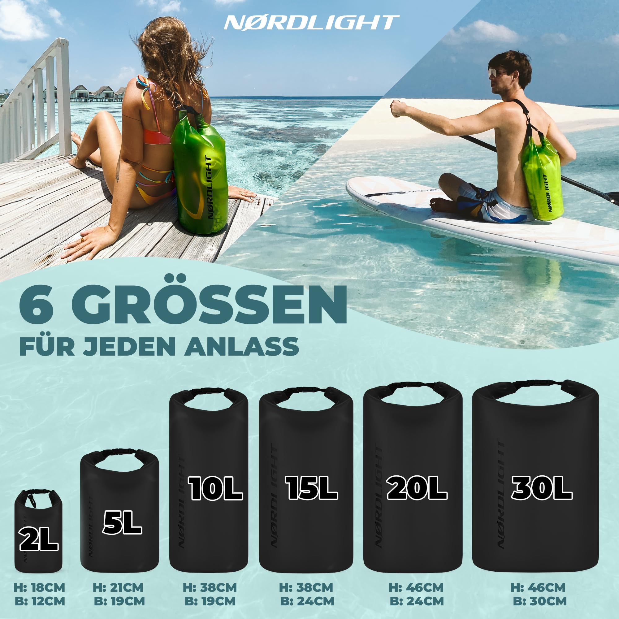 Nordlight wasserdichte Tasche 3er Set (Schwarz) - Dry Bag 10l + wasserdichte Handyhülle + wasserdichte Hüfttasche | IPX8 Schutz | Mit Verstellbaren Gurten Für Strand, Stand Up Paddling