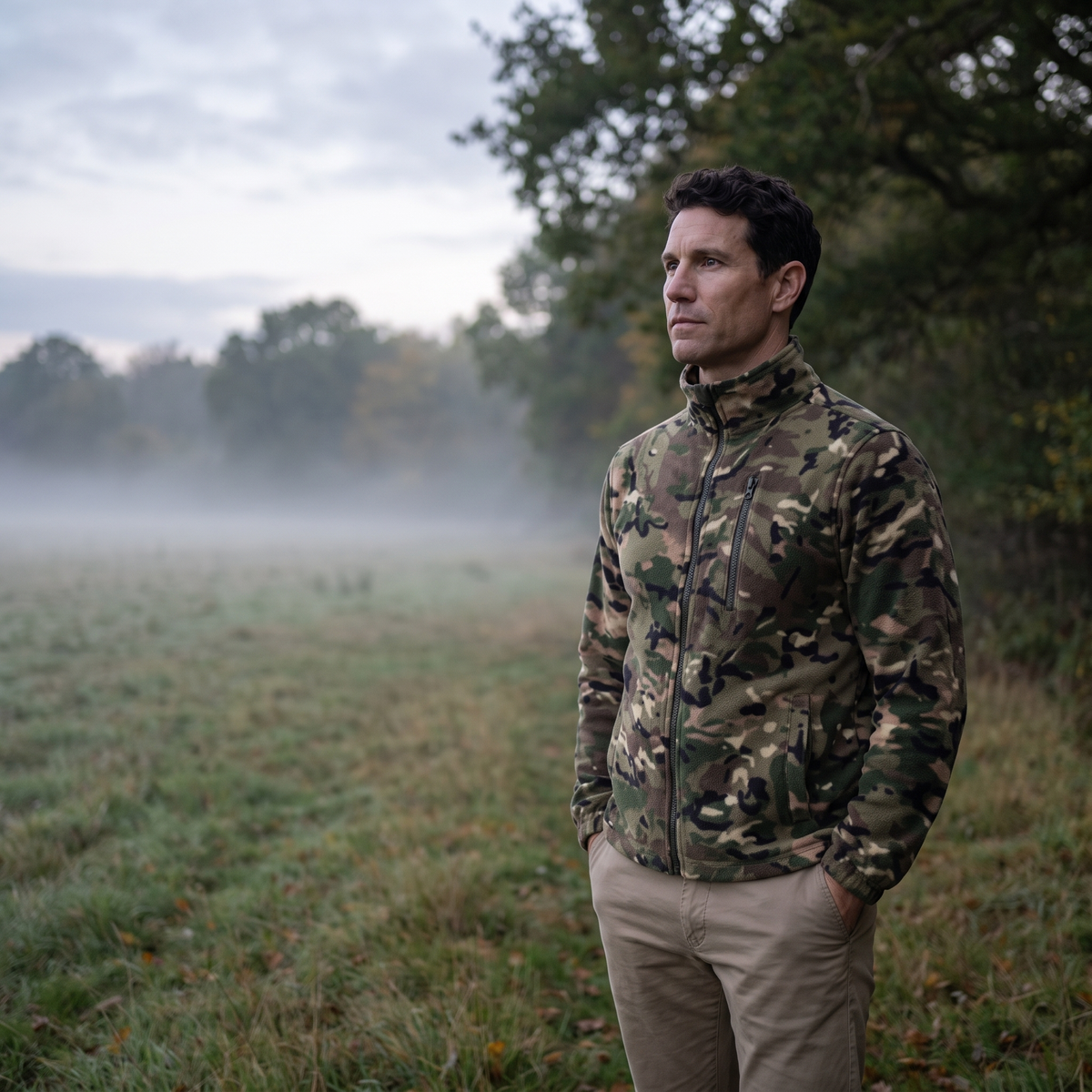 Herren Camo-Fleecejacke – durchgehender Reißverschluss, Stehkragen