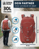 Terra Peak Wanderrucksack 30L Flex 30 Herren Damen rot - Outdoor Tages-rucksack zum wandern - Daypack leicht wasserdicht Sport-aktivitäten - ergonomischer Rucksack mit abnehmbarem Hüftgurt Erwachsene