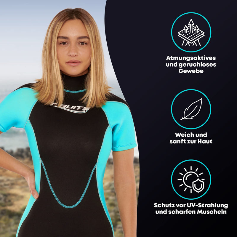 T´SUITS Neoprenanzug Damen [3mm, Shorty, Protector-I] | Tauchen, Schwimmen, Surfen, Kiten, Wasserski, Rafting - Jetzt Größe Wählen (XS, Damen Aquamarine/Schwarz)