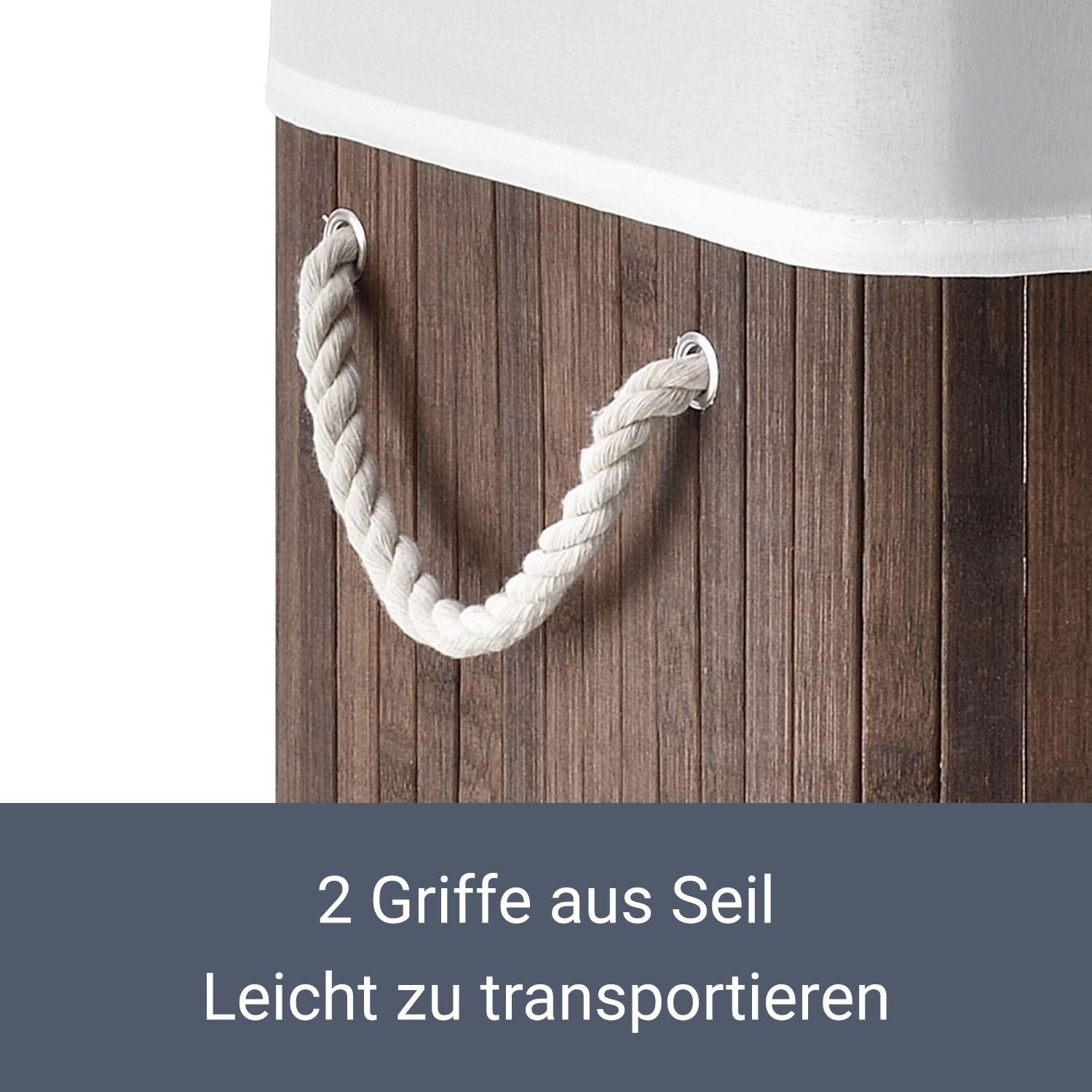 Juskys Bambus Wäschekorb Curly 72 Liter Braun — Wäschesammler mit Deckel, Griff & 1 Fach — Stoff Wäschesack herausnehmbar & waschbar Wäschetonne